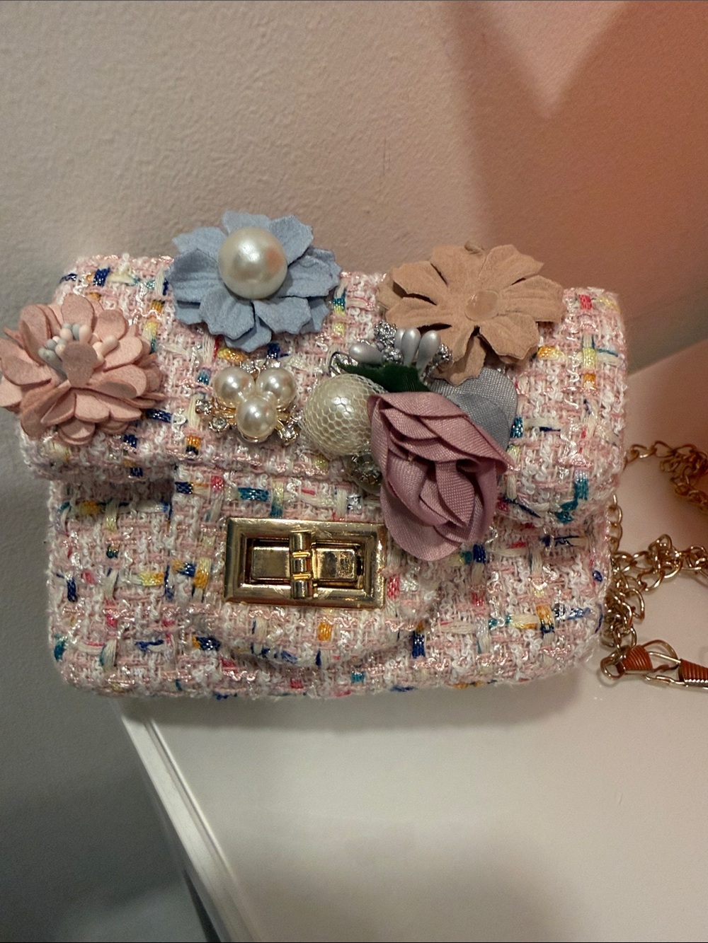 Floral Tweed Crossbody Bag in Pastel Pink